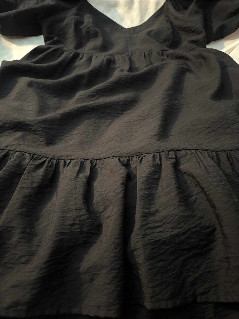 Nine West Black Babydoll, Puff-Sleeve, Tiered Mini Dress LBD Size Large - Picture 14 of 16